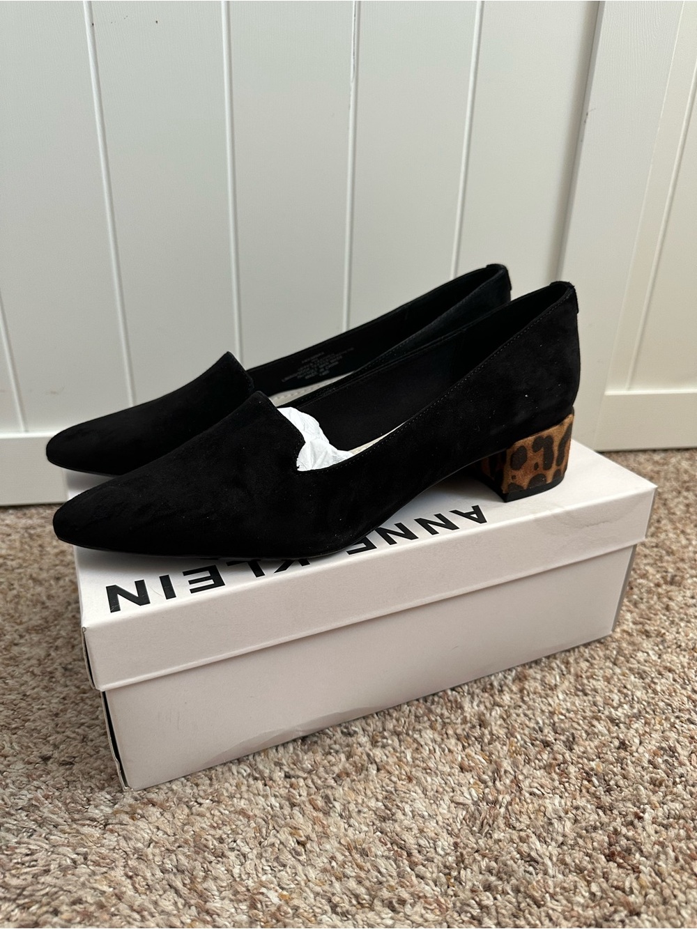 Anne Klein Akkimbra Black Suede Leopard Heel Loafers Shoes Women’s Size 9 NIB